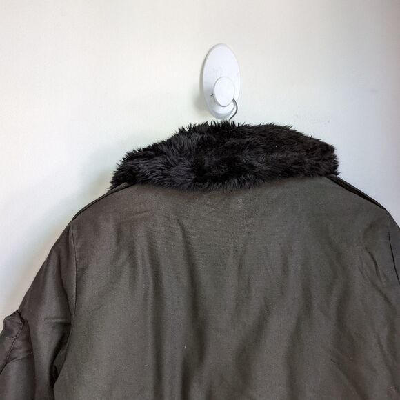 Topshop Green & Black Faux Fur Collar Oversized Zipper Front Bomber Jacket Sz 4 - Picture 8 of 14